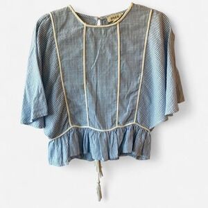 Fashion on Earth blue striped cotton baby doll blouse & tie, open back Sz L
